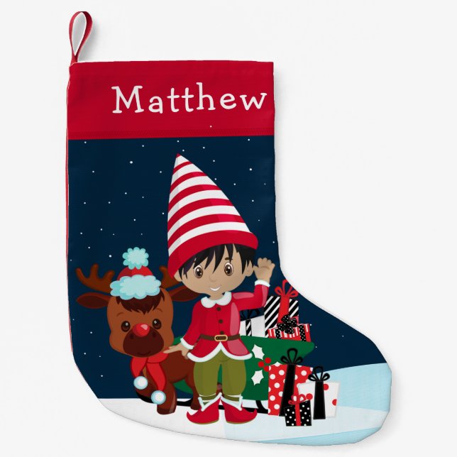Multicultural Elf Boy with Rudolph Small Christmas Stocking (Front)