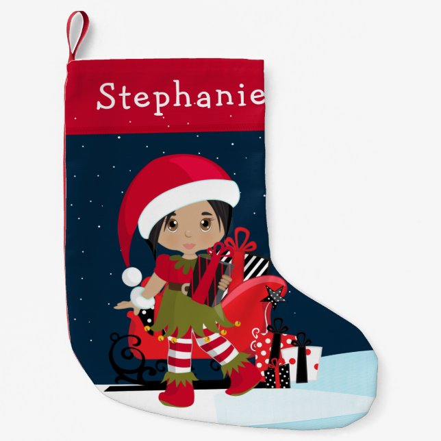 Multicultural Elf Girl with Rudolph Small Christmas Stocking (Front)