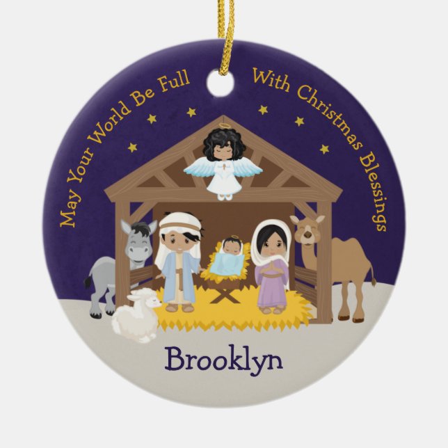 Multicultural Nativity Scene Ceramic Ornament (Front)