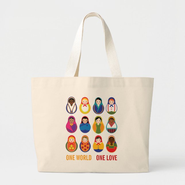 Multicultural Nesting Dolls One Love World Peace Large Tote Bag (Front)