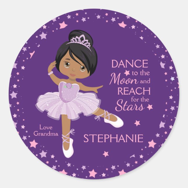 Multicultural Stars & Moon Ballerina Classic Round Sticker (Front)