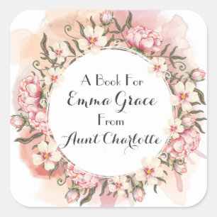 Multifloral Pink Peony Wreath Gift Bookplate Square Sticker