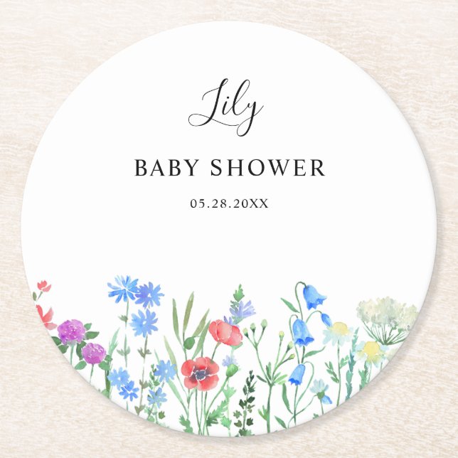 Multihued Wildflower Baby Shower Celebration Round Paper Coaster (Front)