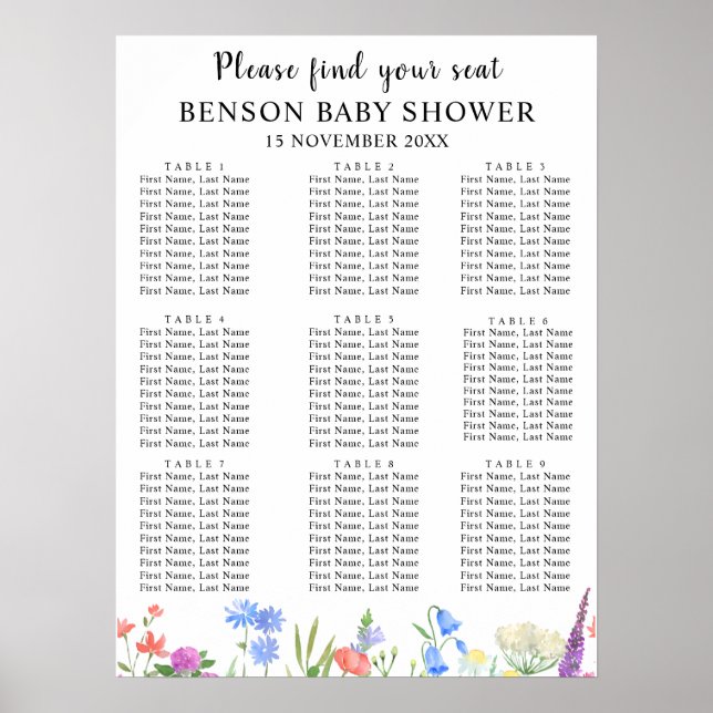 Multihued Wildflower Baby Shower Seating Charts (Front)