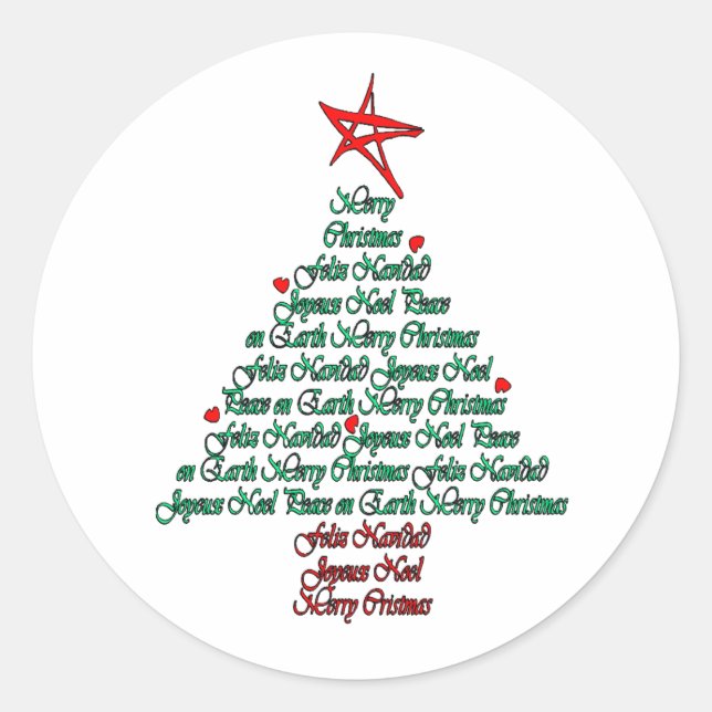 Multilanguage Chistmas Card Feliz Natal Tree Classic Round Sticker (Front)