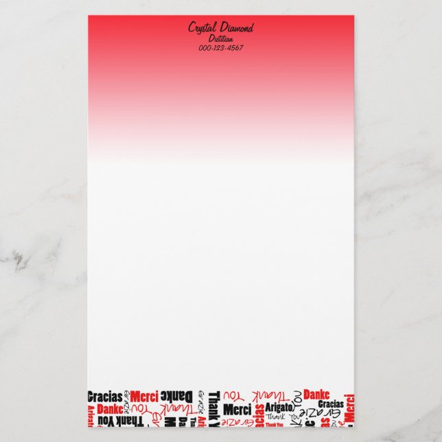 Multilingual Black and Red Thank You Word Cloud Stationery (Front)
