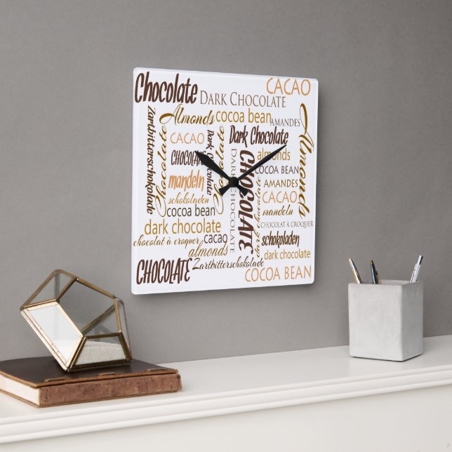 Multilingual Chocolate Typography Word Collage Square Wall Clock (Office)