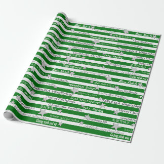 Multilingual Christmas Green Stripe Wrapping Paper