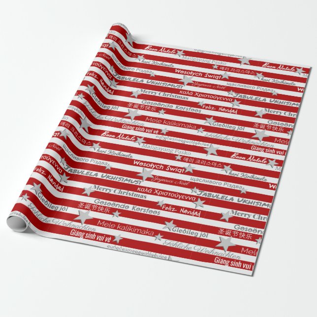 Multilingual Christmas Red Stripe Wrapping Paper (Unrolled)