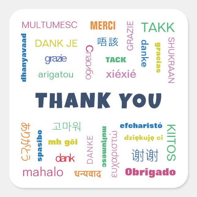 Multilingual Colourful International Thank You Square Sticker (Front)