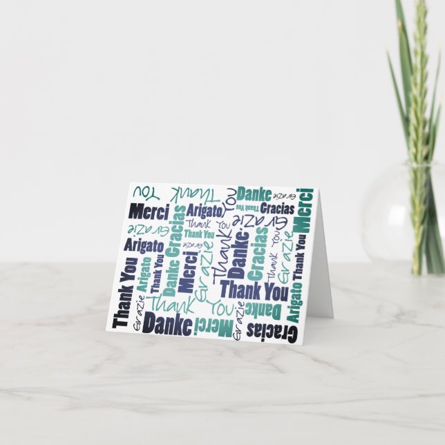 Multilingual Green Blue Typography Collage Thank You Card (Front)