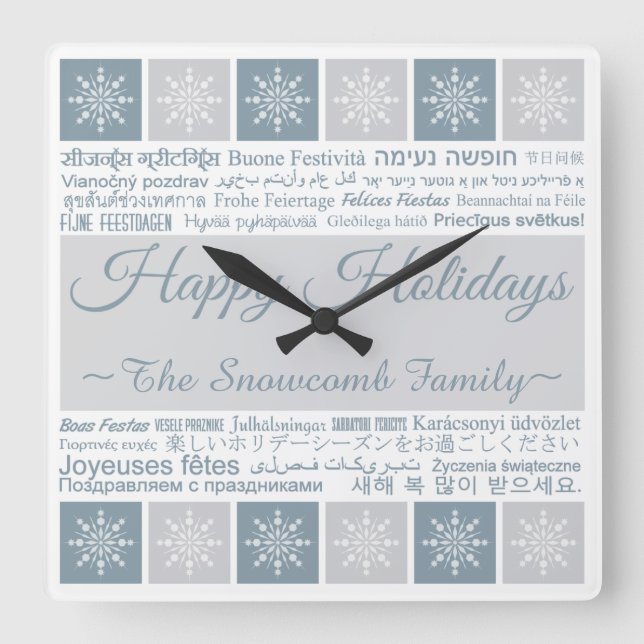 Multilingual “Happy Holidays” custom wall clock (Front)