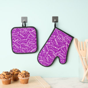 Multilingual Love Text Custom Colours Purple Oven Mitt & Pot Holder Set