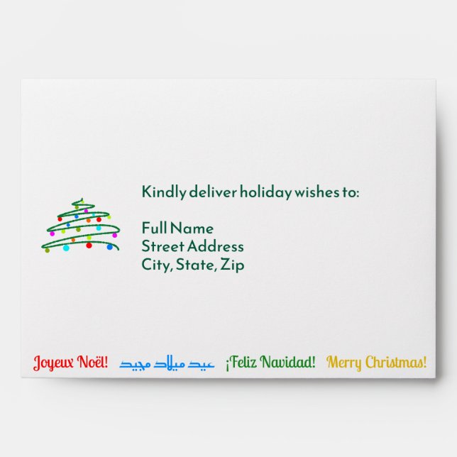 Multilingual Merry Christmas and Festive Tree  Envelope (Front)