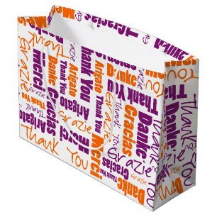 Multilingual Purple Orange Thank You Word Cloud Large Gift Bag
