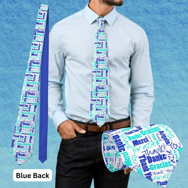 Multilingual Thank You Typography Collage Tie (Blue and turquoise multilingual thank you polyester tie with blue back. )