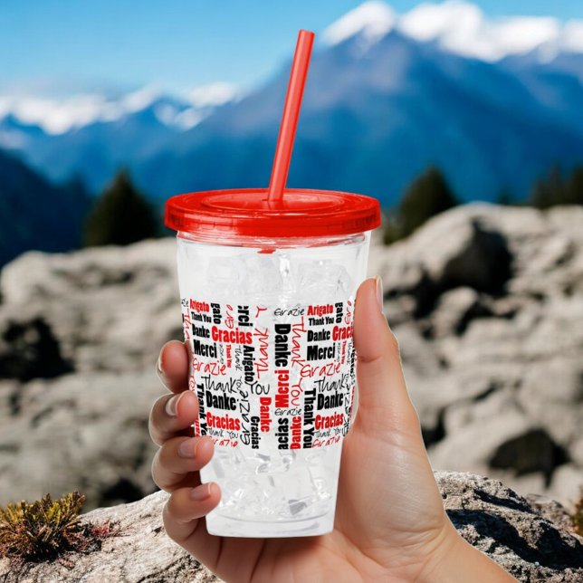 Multilingual Thank You Typography Red Black  Acrylic Tumbler (multilingual thank you word cloud )