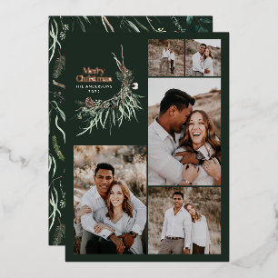Multiphoto elegant watercolor botanical dark green foil holiday card