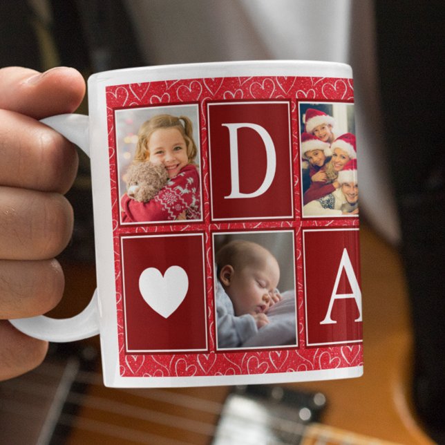 Multiphoto Red Heart Pattern Daddy Photo Coffee Mug (Creator Uploaded)