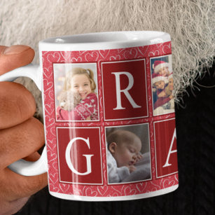 Multiphoto Red Heart Pattern Grandpa Photo Coffee Mug