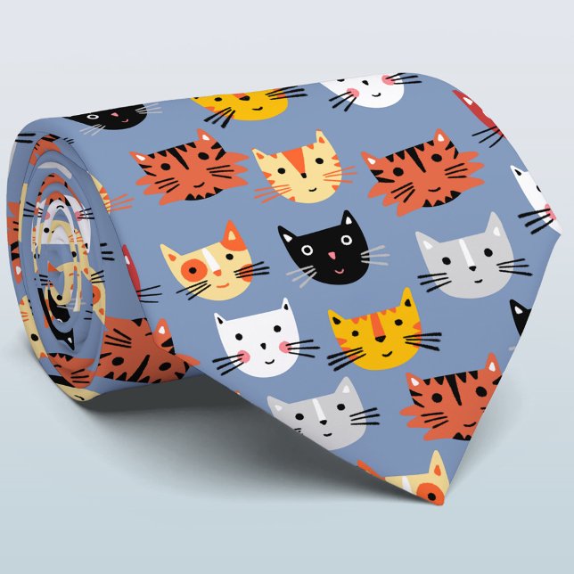 Multiple Cute Kitty Cats Blue Pattern Tie (Fun cat pattern tie for animal lovers)