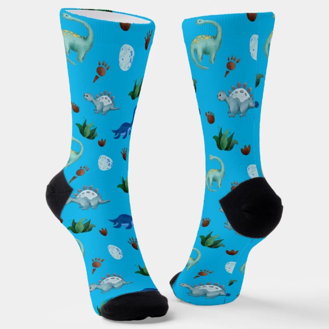 Multiple Dinosaur Species in Turquoise Background Socks (Angled)