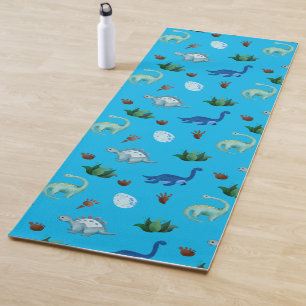 Multiple Dinosaur Species in Turquoise Background Yoga Mat