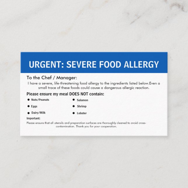 Multiple Food Allergy Alert Business Card (Front)