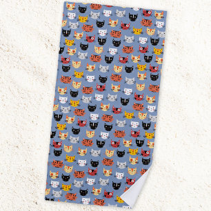 Multiple Fun Kitty Cats Pattern Blue Beach Towel