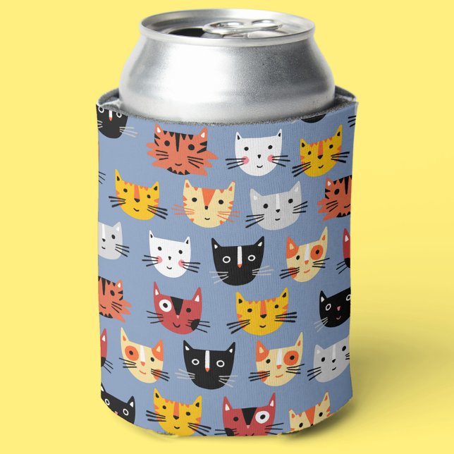 Multiple Fun Kitty Cats Pattern Blue Can Cooler (Creator Uploaded)