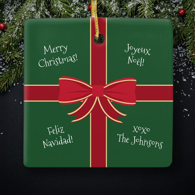 Multiple Language Merry Christmas Red and Green Ceramic Ornament (Creator Uploaded)