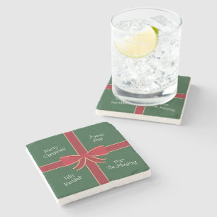 Multiple Language Merry Christmas Red and Green Stone Coaster