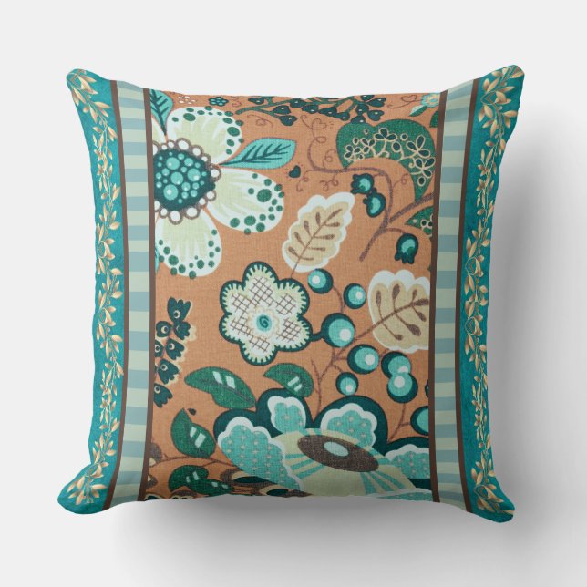 Multiple Patterns, Teal, Green,Rust, Gold, Flowers Cushion (Front)