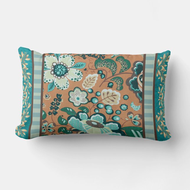 Multiple Patterns, Teal, Green,Rust, Gold, Flowers Lumbar Cushion (Front)