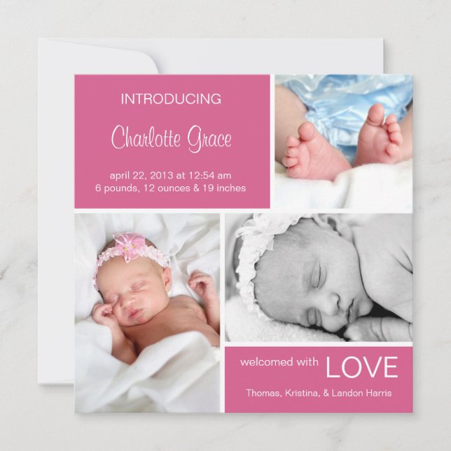 Multiple Photo Birth Announcement//Fuchsia Pink Announcement (Front)