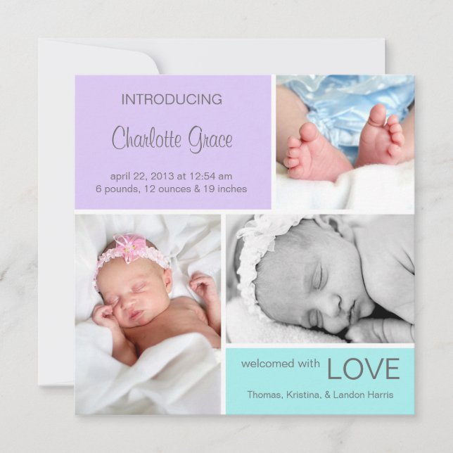Multiple Photo Birth Announcement//Purple Aqua Announcement (Front)