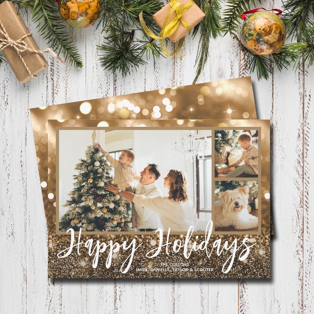 Multiple Photo Happy Holidays Sparkle Holiday Card (Happy Holidays bronze sparkle holiday photo cards)