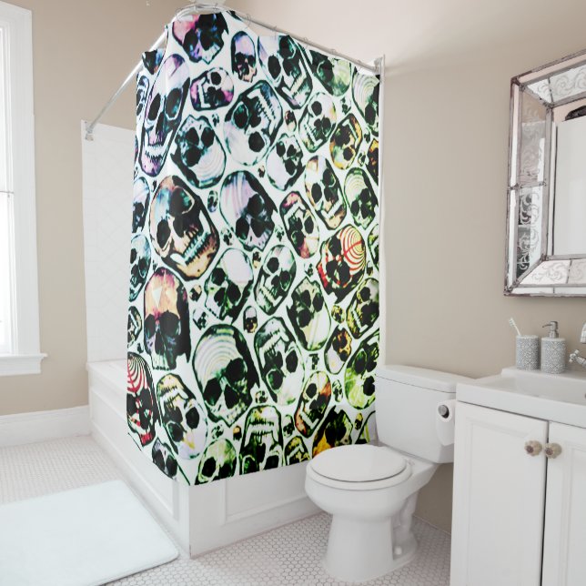 multiple skulls in neon green shower curtain (In Situ)