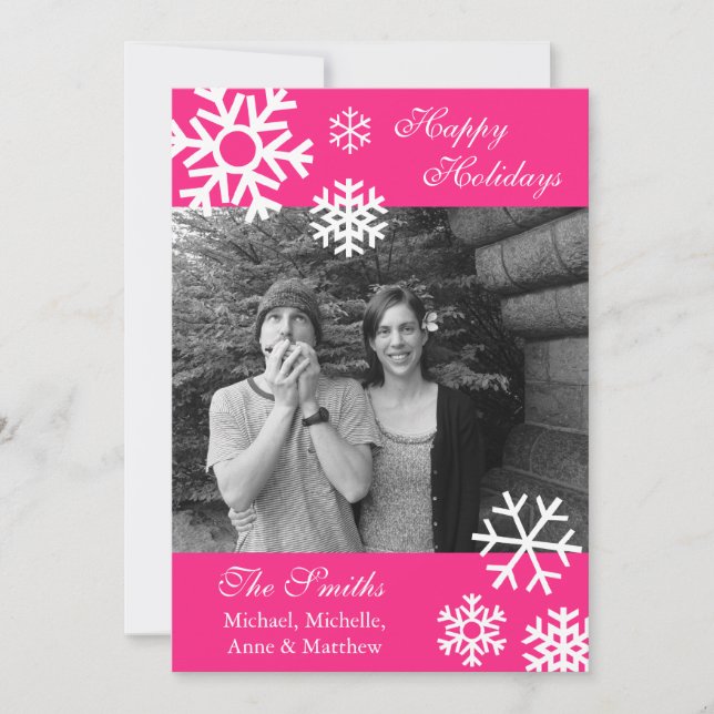Multiple Snowflakes Christmas Photo Card Hot Pink (Front)