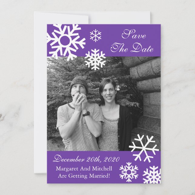 Multiple Snowflakes Photo Save The Dates (Purple) Invitation (Front)