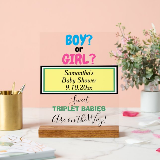 Multiples Baby Shower Pink Blue Yellow Green NAME  Acrylic Sign (Wedding)