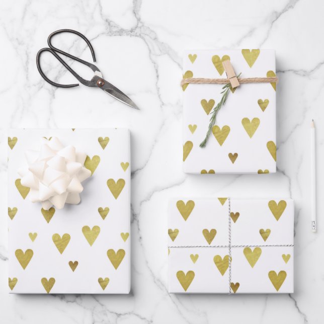 Multiples Golden Hearts on White Background Wrapping Paper Sheet (Front)