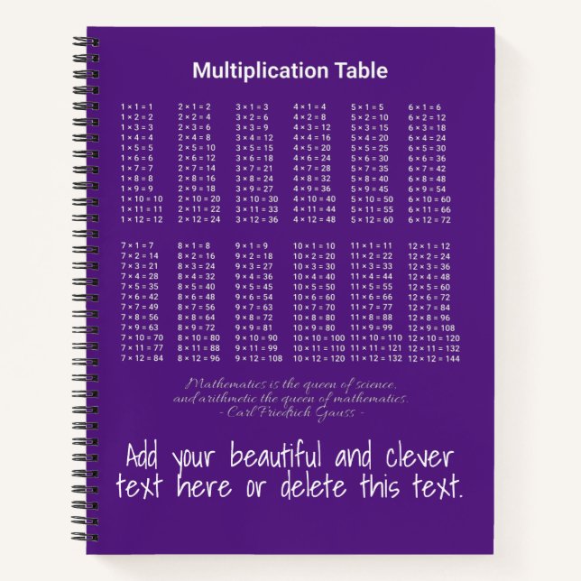 Multiplication Table White Text On Dark Notebook (Front)