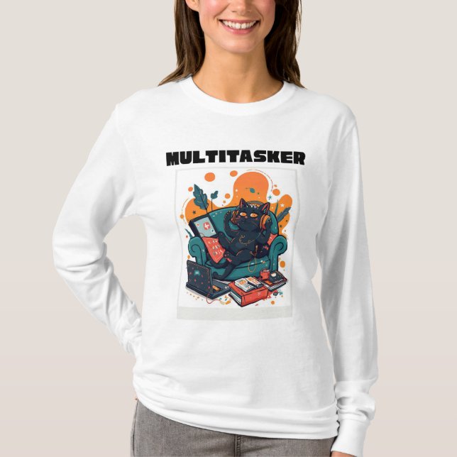 Multitasker Cat - Funny Lazy Gaming Cat Longsleeve T-Shirt (Front)