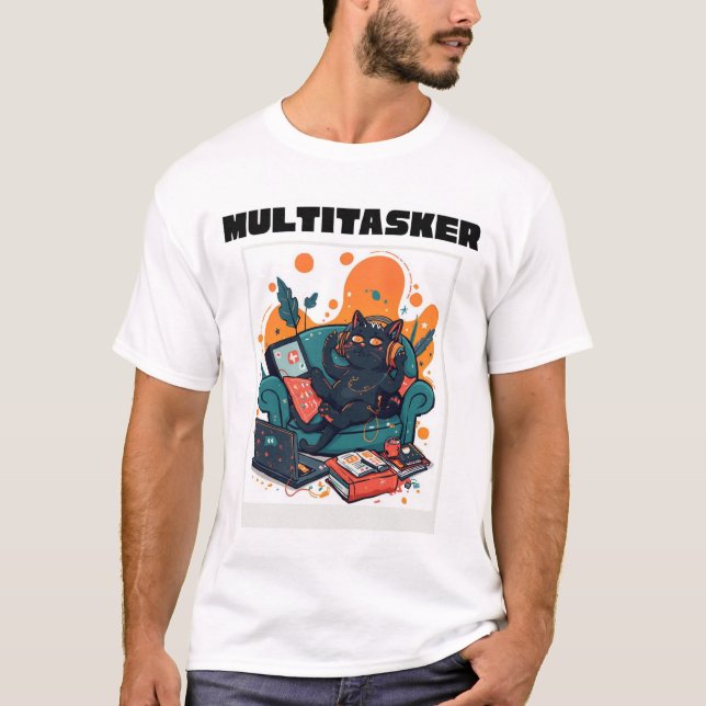 Multitasker Cat - Funny Lazy Gaming Cat T-Shirt (Front)