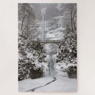 Multnomah Falls covered in Winter Snow and Ice Jigsaw Puzzle