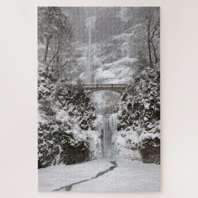 Multnomah Falls covered in Winter Snow and Ice Jigsaw Puzzle (Vertical)