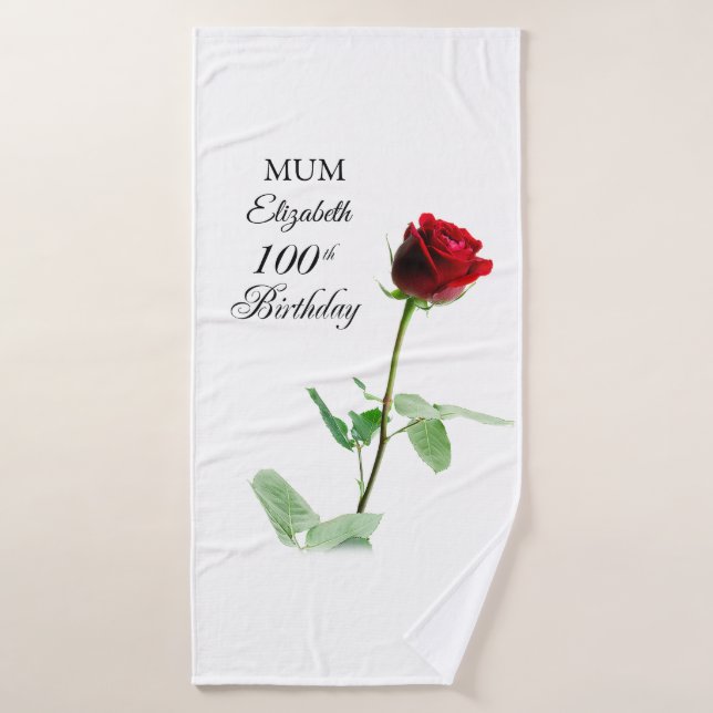 Mum 100th Birthday Red Rose Flower Personalised Bath Towel (Bath Towel)