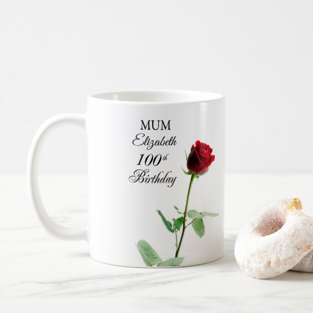 Mum 100th Birthday Red Rose Flower Personalised Coffee Mug (With Donut)