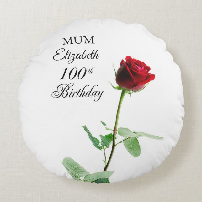 Mum 100th Birthday Red Rose Flower Personalised Round Cushion (Front)